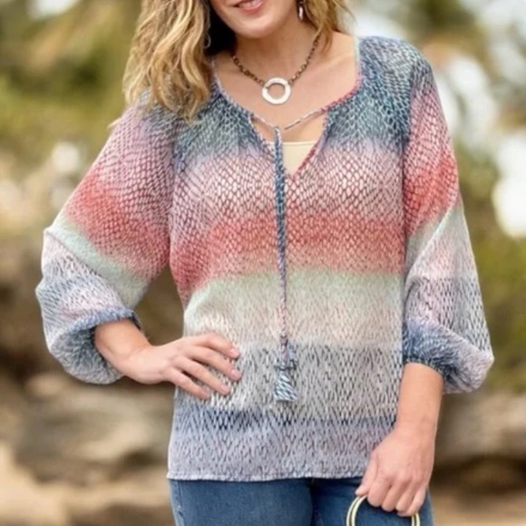 Liverpool Ombré Snake Print Sheer Mesh Oversized Pesant Blouse Top Small - Picture 1 of 10